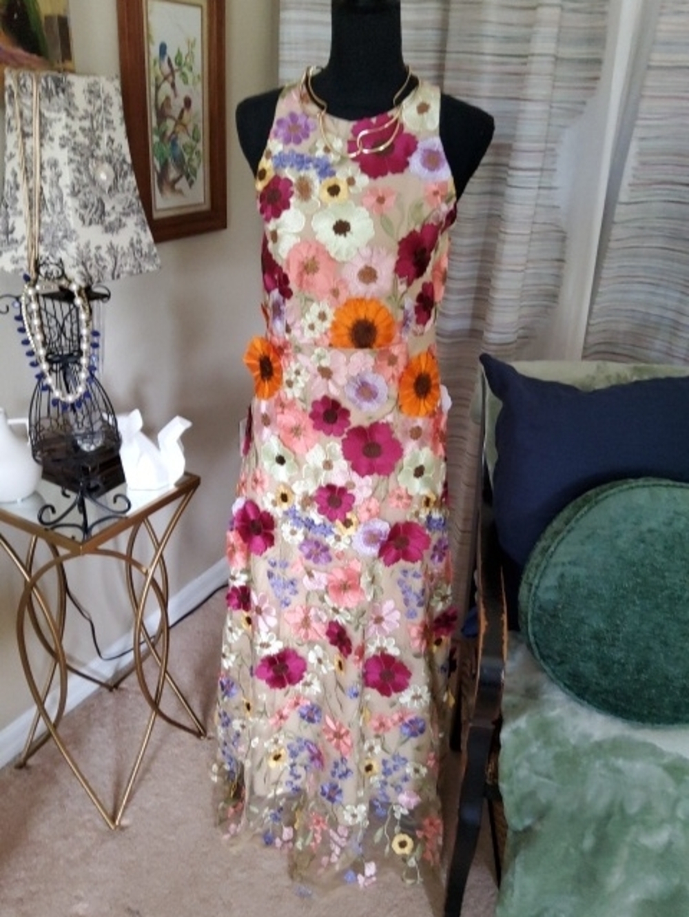 Milly Hanna 3D Floral Embroidered Sheer Maxi Dress.